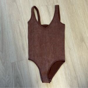 Aura Cholocate‎ Brown V-neck Ribbed Tank Bodysuit Womens S/M